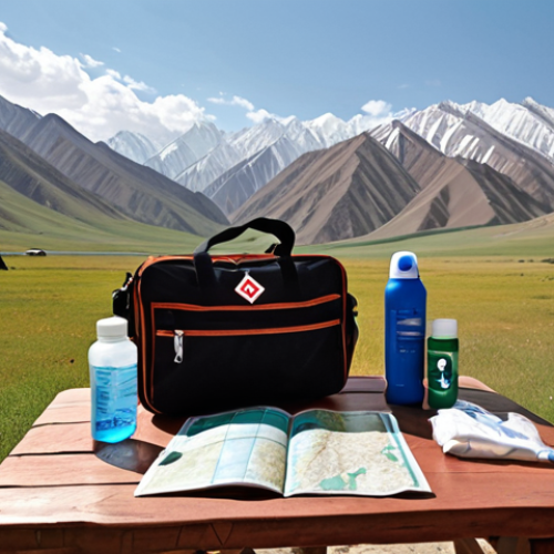 Home 7 **Preparing for a Trip to Kyrgyzstan:** An image showcasing diverse travel essentials like a first-aid kit, water bottle, map, sunscreen, and a phrasebook, set against a backdrop of Kyrgyz landscapes (mountains or a yurt). Focus on conveying preparedness and safety.