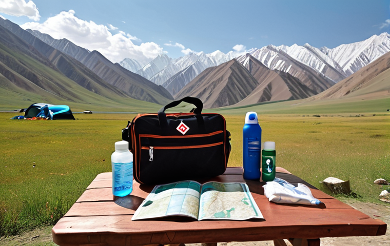 **Preparing for a Trip to Kyrgyzstan:** An image showcasing diverse travel essentials like a first-aid kit, water bottle, map, sunscreen, and a phrasebook, set against a backdrop of Kyrgyz landscapes (mountains or a yurt). Focus on conveying preparedness and safety.